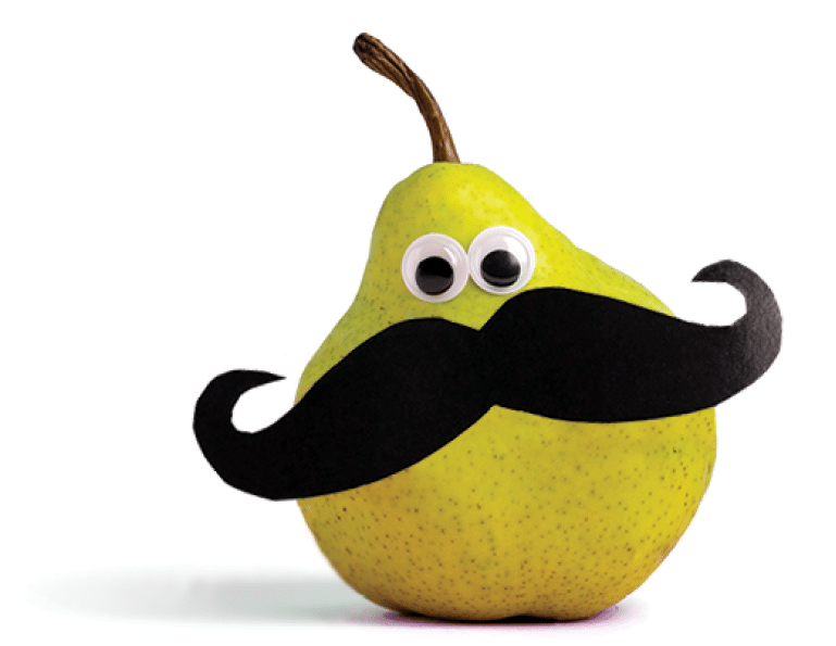 Cute card pear with googly eyes and moustache pink blue background 