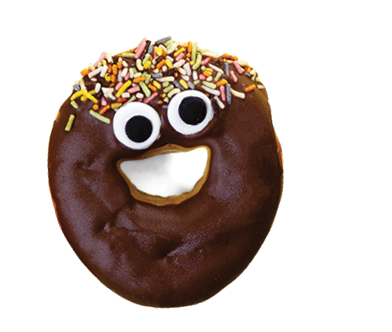 Three colorful quirky donuts with googly eyes on yellow background 
