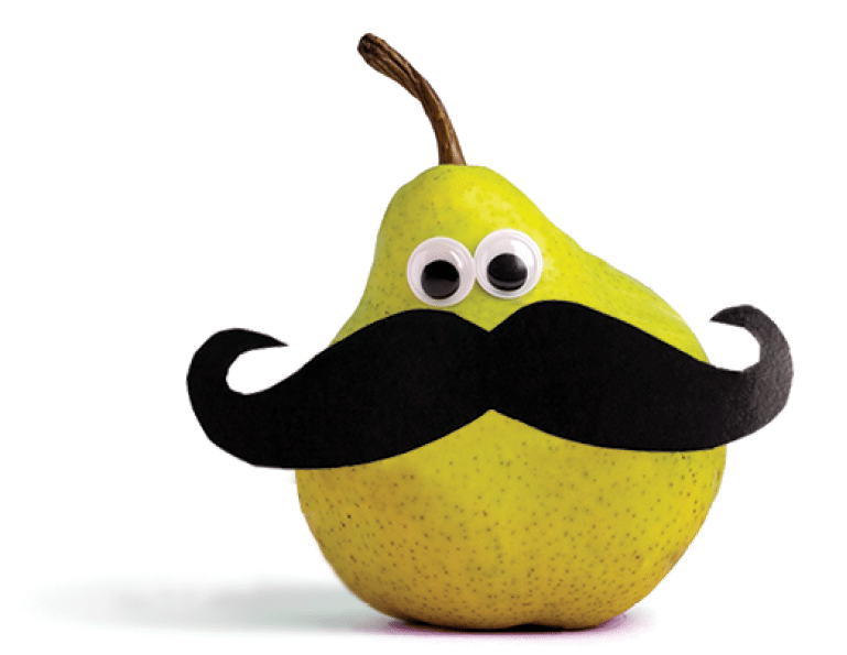 Cute card pear with googly eyes and moustache pink blue background 