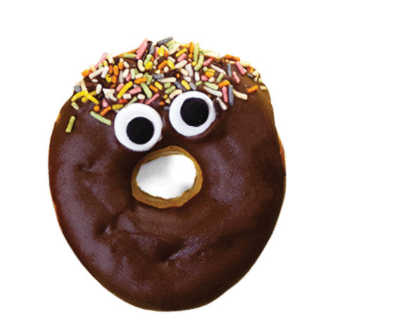 Three colorful quirky donuts with googly eyes on yellow background 
