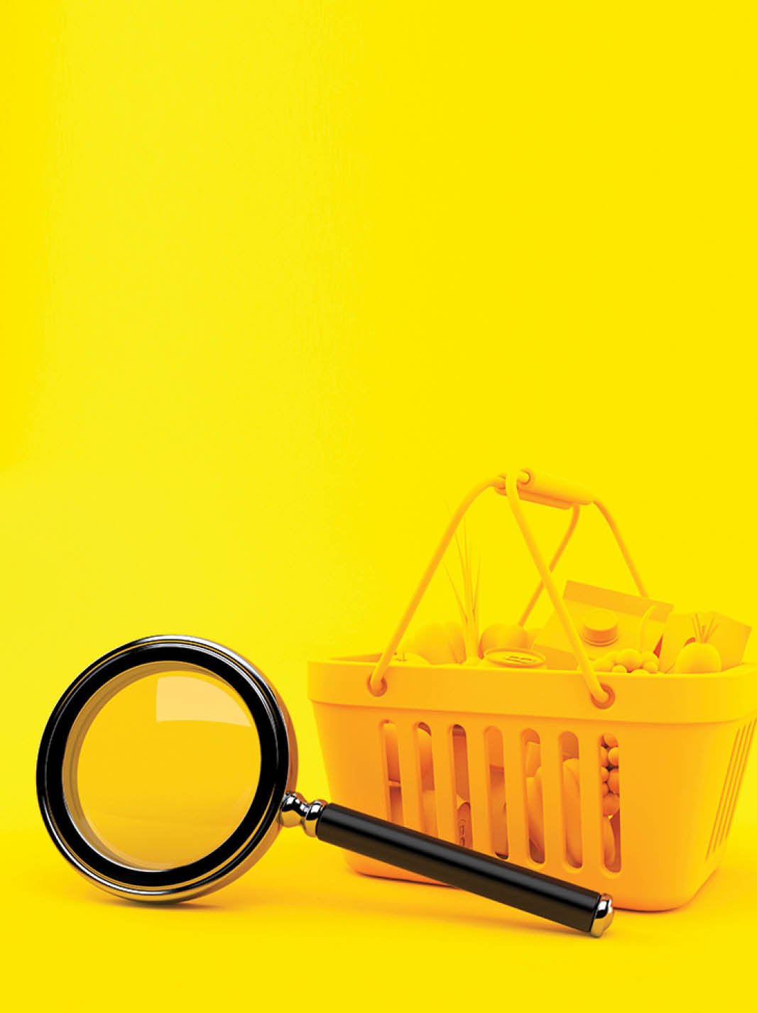 Grocery background with magnifying glass in orange color  3d illustration