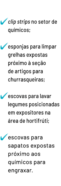   clip strips no setor de químicos;  esponjas para limpar grelhas expostas próximo à seção de artigos para churrasque   